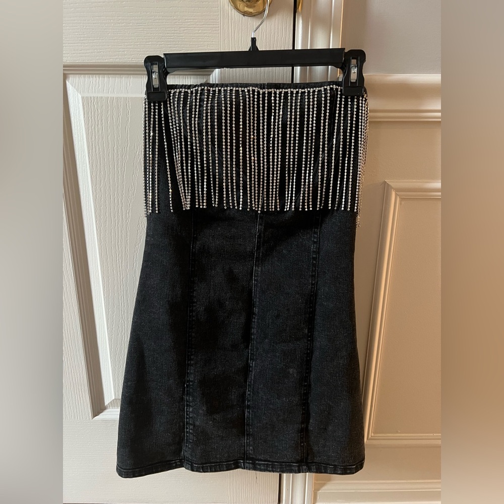 Washed Black Denim Strapless Fringe Mini Dress